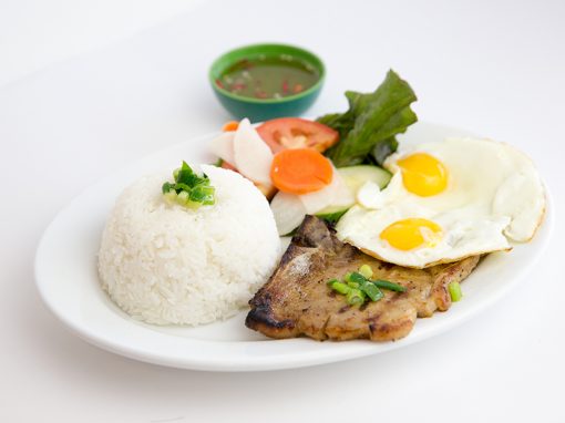 Grilled pork chop fried egg with steamed rice