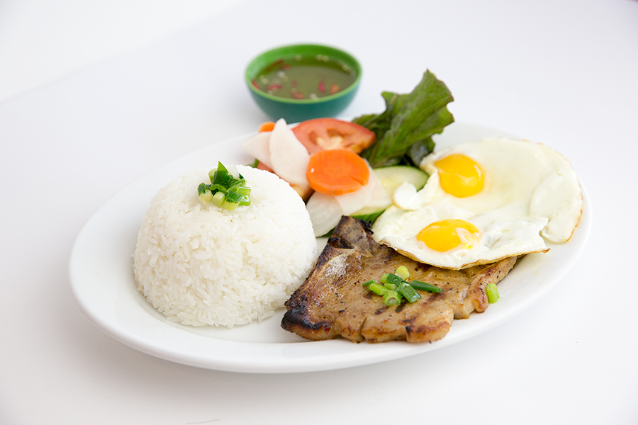 Grilled pork chop fried egg with steamed rice